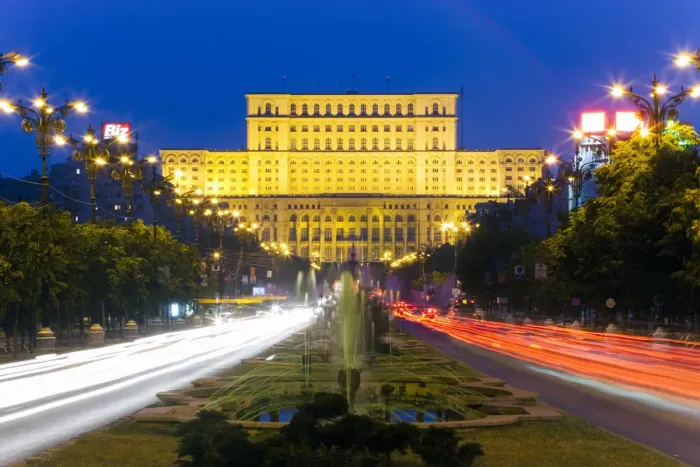 Framed Print : Europe, Romania, Bucharest, Piata Unirii, Unirii Street looking towards the Palace