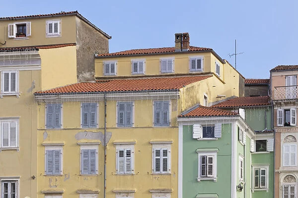 Europe, Slovenia, Istria. Colorful facades around Tartini Square, Piran