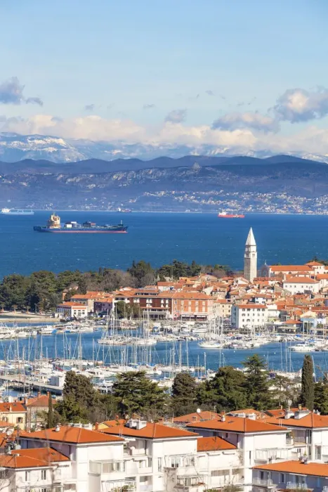 Framed Print : Europe, Slovenia, Istria. High angle view of the bay and marina of Izola, Slovenian Framed Print : Europe, Slovenia, Istria. High angle view of the bay and marina of Izola, Slovenian