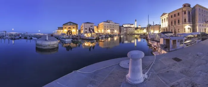 Framed Print : Europe, Slovenia, Istria, Piran. The picturesque port and the buildings around it at dusk Framed Print : Europe, Slovenia, Istria, Piran. The picturesque port and the buildings around it at dusk