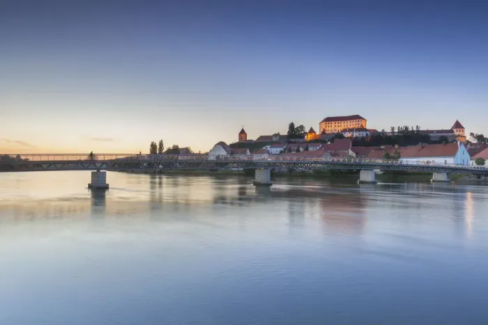 Framed Print : Europe, Slovenia, Styria, Ptuj. The old city with the caslte and the footbridge Framed Print : Europe, Slovenia, Styria, Ptuj. The old city with the caslte and the footbridge
