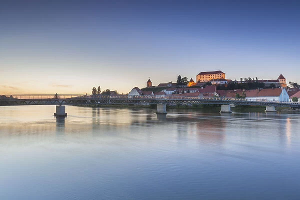 Europe, Slovenia, Styria, Ptuj. The old city with the caslte and the footbridge