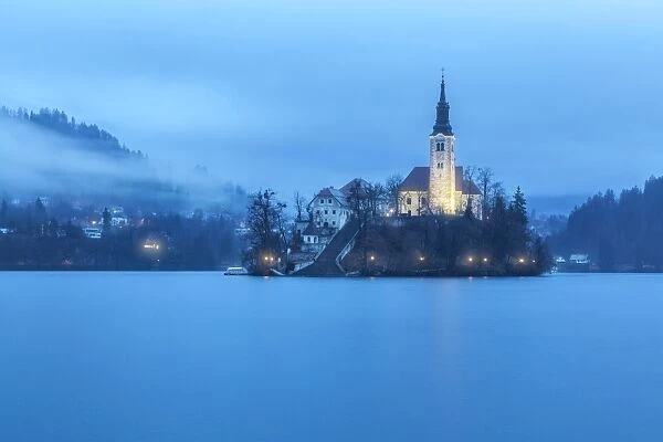 Europe, Slovenia, Upper Carniola. The lake of Bled with the Assumption of Mary Pilgrimage