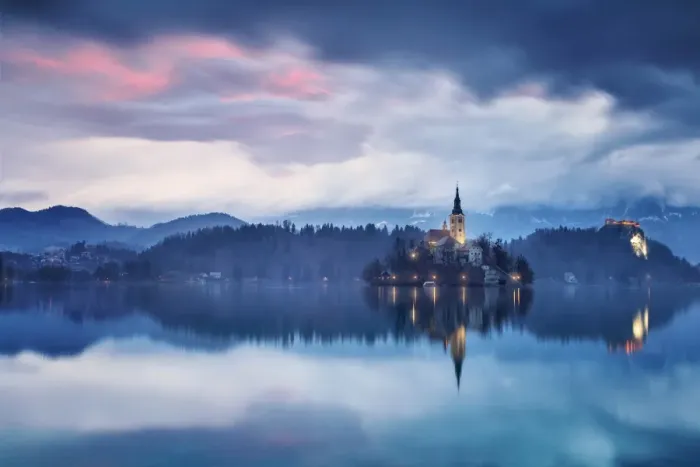 Framed Print : Europe, Slovenia, Upper Carniola. The lake of Bled at dawn Framed Print : Europe, Slovenia, Upper Carniola. The lake of Bled at dawn
