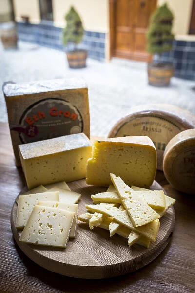 Europe, Spain, Catalonia, Val d Aran, Variety of cheeses in a gourmet shop of Vielha