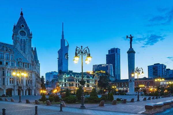 Europe square at twilight in the center of the city. Batumi, Agiara region, Georgia