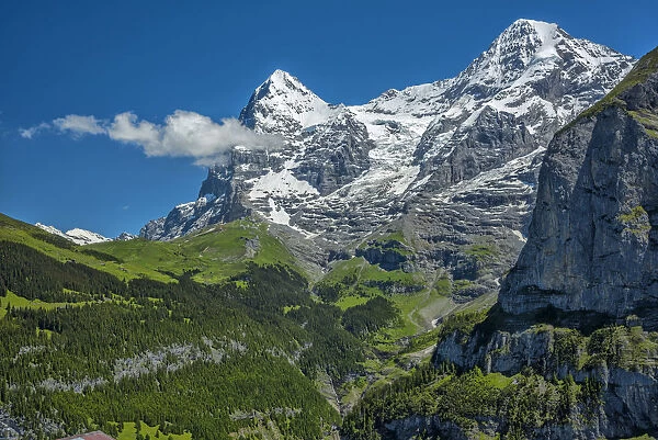 Europe, Switzerland, Bern, Bernese Oberland, Eiger and Moench peaks in the Bernese Alps