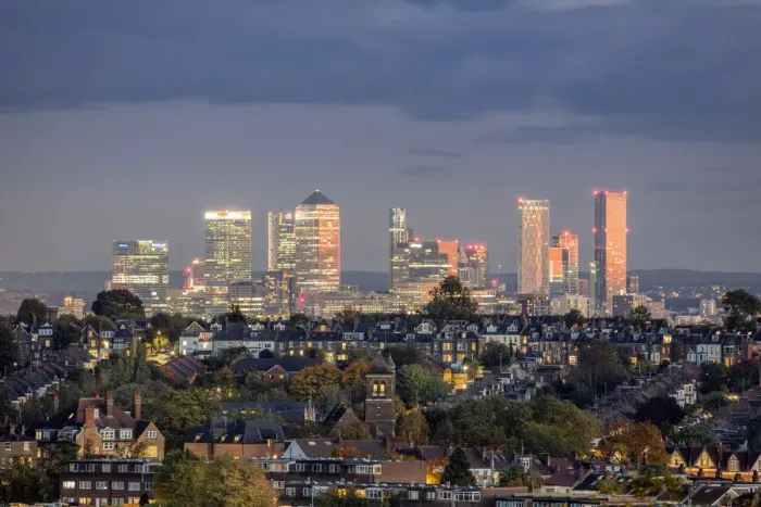 Framed Print : Europe, UK, England, London, docklands, skyline view of downtown London showing suburban