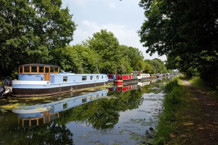 Framed Print : Europe, United Kingdom, England, London, Grand Union Canal, residential barges moored Framed Print : Europe, United Kingdom, England, London, Grand Union Canal, residential barges moored