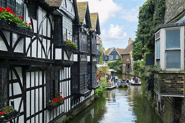 Europe, United Kingdom, England, Kent, Canterbury, Weavers Tudor Houses and River Stour