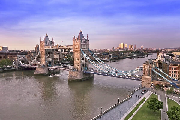 Europe, United Kingdom, England, London, Tower Bridge and the Thames with Canary Wharf