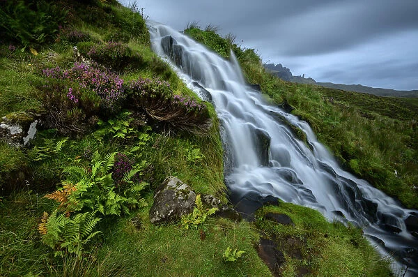 Europe, United Kingdom, Scotland, highlands, Isle of Skye, waterfall and old man of storr