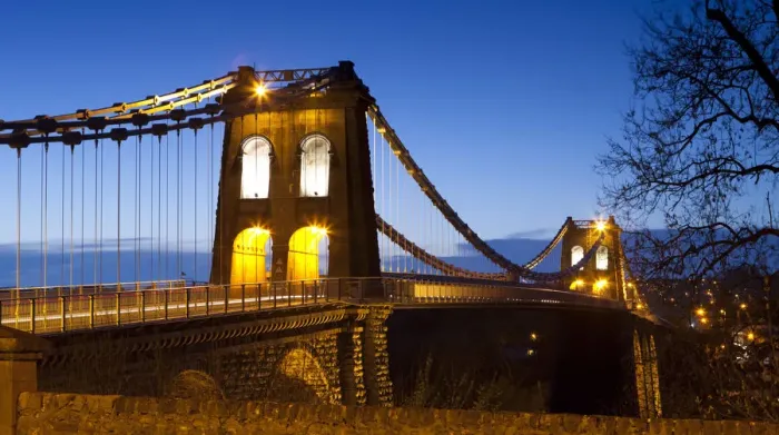 Framed Print : Evening illuminations on the Menai Suspension Bridge spanning the Menai Strait, Bangor Framed Print : Evening illuminations on the Menai Suspension Bridge spanning the Menai Strait, Bangor