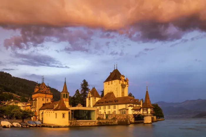 Framed Print : Evening Light on Oberhofen Castle, Lake Thun, Switzerland Framed Print : Evening Light on Oberhofen Castle, Lake Thun, Switzerland