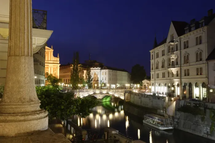 Framed Print : Evening view of Triple Bidge & Ljubljanica River, Ljubljana, Slovenia
