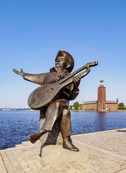 Evert Taube Statue with City Hall in the background, Stockholm, Stockholm County, Sweden