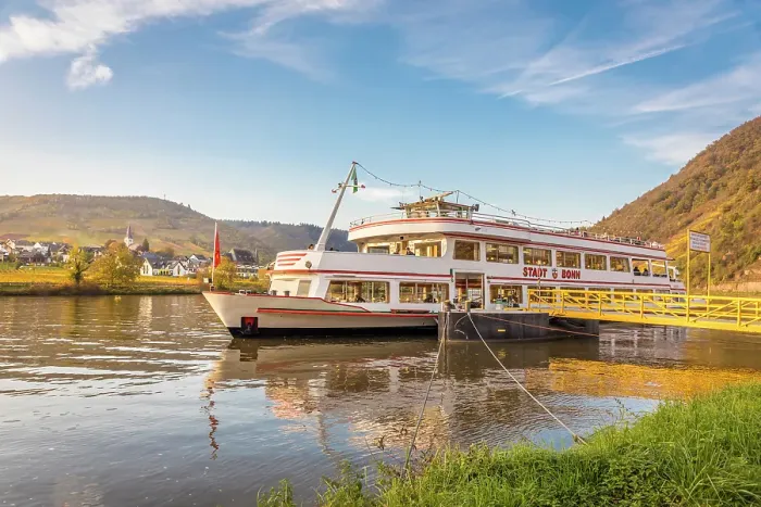 Framed Print : Excursion ship Stadt Bonn at the pier of Beilstein on the Moselle, Mosel, Rhineland-Palatinate, Germany Framed Print : Excursion ship Stadt Bonn at the pier of Beilstein on the Moselle, Mosel, Rhineland-Palatinate, Germany