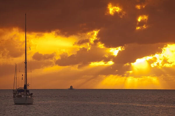 Exhumas, Bahamas. Sailboats at anchor in the Caribbean against a dramatic sky