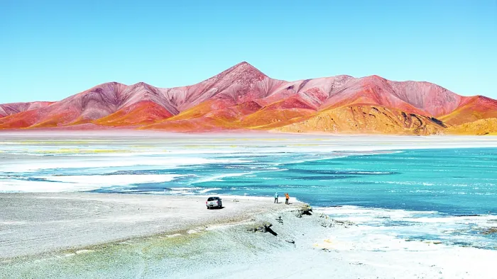 Framed Print : Explorers with 4x4 vehicle admiring Laguna Diamante, Puna region, Catamarca, Argentina Framed Print : Explorers with 4x4 vehicle admiring Laguna Diamante, Puna region, Catamarca, Argentina