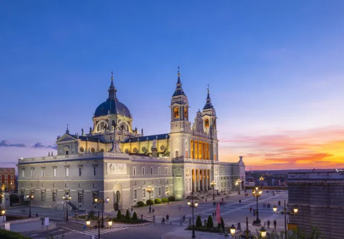 Framed Print : Exterior of Almudena Cathedral at Sunset, Madrid, Spain Framed Print : Exterior of Almudena Cathedral at Sunset, Madrid, Spain