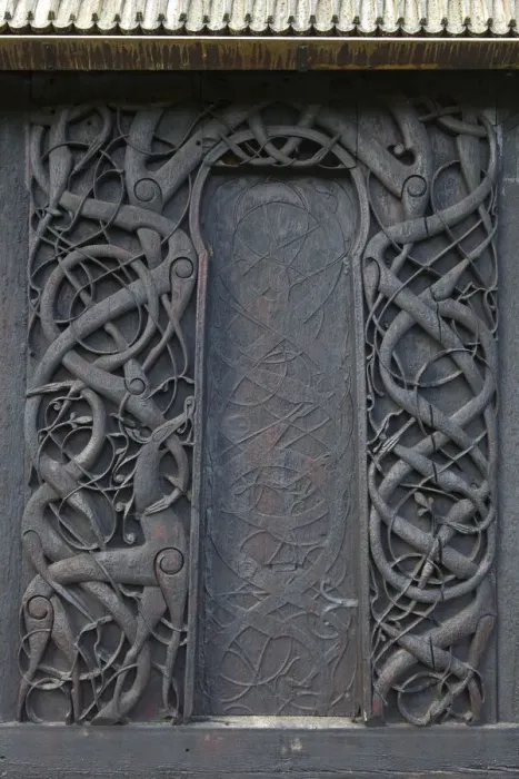 Framed Print : Exterior Carvings, Urnes Stave Church, Ornes farm near Lustrafjorden, Luster municipality Framed Print : Exterior Carvings, Urnes Stave Church, Ornes farm near Lustrafjorden, Luster municipality