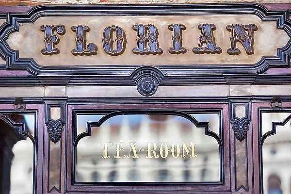 A detail over the exterior facade of the historical Florian Cafe in St. Marks square, Venice, Veneto, Italy, Europe. It was established in 1720, and is one of the oldest coffee houses in the world