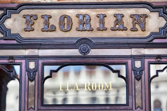 Framed Print : A detail over the exterior facade of the historical Florian Cafe in St. Marks square, Venice, Veneto, Italy, Europe. It was established in 1720, and is one of the oldest coffee houses in the world