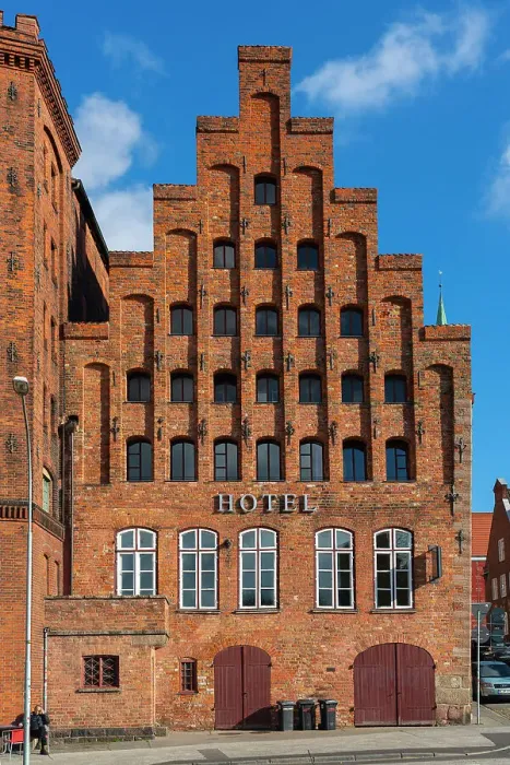 Framed Print : Exterior of Hotel Anno 1216, traditional gable, Lubeck, UNESCO, Schleswig-Holstein, Germany Framed Print : Exterior of Hotel Anno 1216, traditional gable, Lubeck, UNESCO, Schleswig-Holstein, Germany