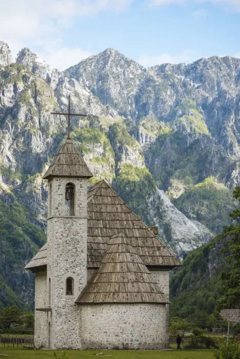 Framed Print : Exterior of Theth Village Church with The Accursed Mountains in background, Theth Framed Print : Exterior of Theth Village Church with The Accursed Mountains in background, Theth
