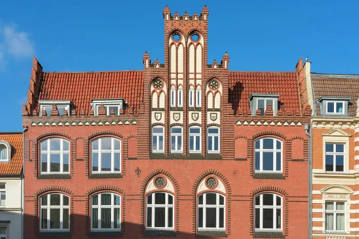 Framed Print : Detail of facade and gable of traditional house in Old Town, Wismar, UNESCO, Nordwestmecklenburg, Mecklenburg-Western Pomerania, Germany