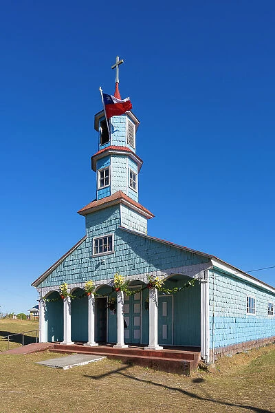 Facade of Iglesia Huyar Alto Church, Huyar, Curaco De Velez, Quinchao Island, Chiloe Province, Los Lagos Region, Chile