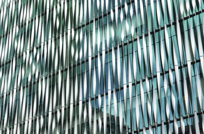 Framed Print : The facade of The Monument Building, cladded with the twisted aluminium fins Framed Print : The facade of The Monument Building, cladded with the twisted aluminium fins