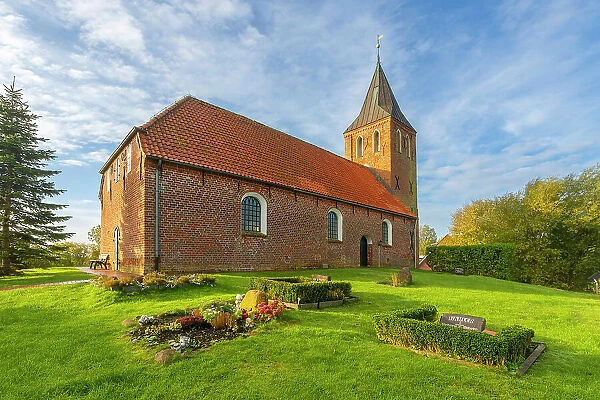 Facade of St. Stephanus church, Westerhever, Eiderstedt Peninsula, Nordfriesland, Schleswig-Holstein, Germany