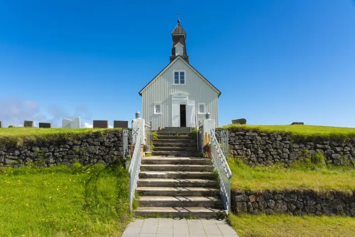 Framed Print : Facade of Strandarkirkja church with steps on sunny day, Selvogur, Reykjanes Peninsula, Iceland Framed Print : Facade of Strandarkirkja church with steps on sunny day, Selvogur, Reykjanes Peninsula, Iceland