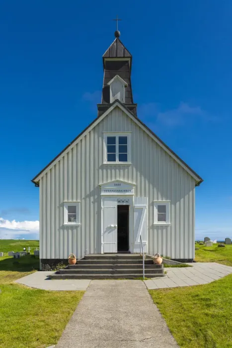 Framed Print : Facade of Strandarkirkja church on sunny day, Selvogur, Reykjanes Peninsula, Iceland