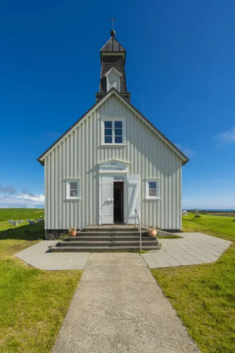 Framed Print : Facade of Strandarkirkja church on sunny day, Selvogur, Reykjanes Peninsula, Iceland Framed Print : Facade of Strandarkirkja church on sunny day, Selvogur, Reykjanes Peninsula, Iceland