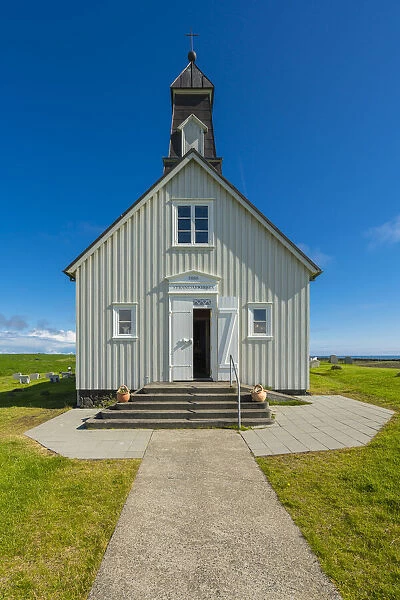 Facade of Strandarkirkja church on sunny day, Selvogur, Reykjanes Peninsula, Iceland