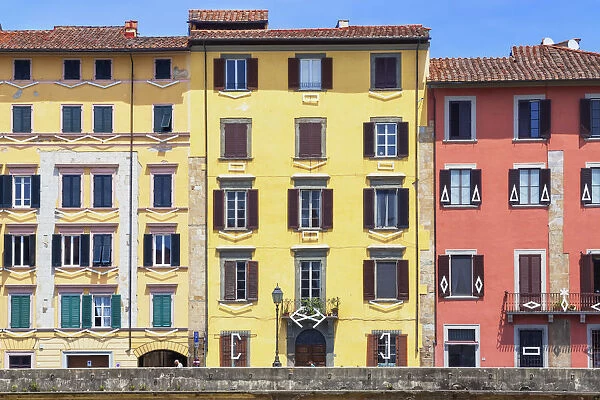 Facade of traditional houses on the bank of Arno River, Pisa, Tuscany, Italy, Europe