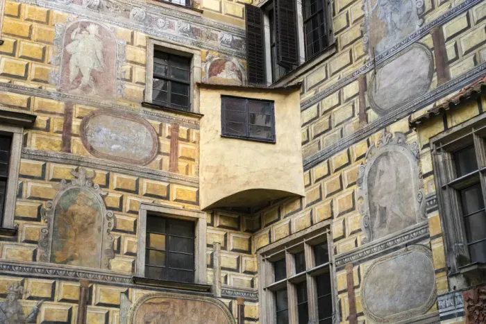 Framed Print : Detail of facade and window at premises of Cesky Krumlov Castle and Chateau, Cesky Krumlov, South Bohemian Region, Czech Republic