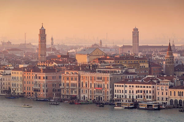 The Facades of Grand Canal with the churches of Venice in the background at dusk, Veneto