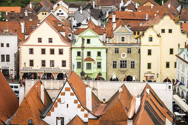 Facades of houses on main square of Cesky Krumlov, South Bohemian Region, Czech Republic