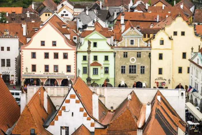 Framed Print : Facades of houses on main square of Cesky Krumlov, South Bohemian Region, Czech Republic Framed Print : Facades of houses on main square of Cesky Krumlov, South Bohemian Region, Czech Republic