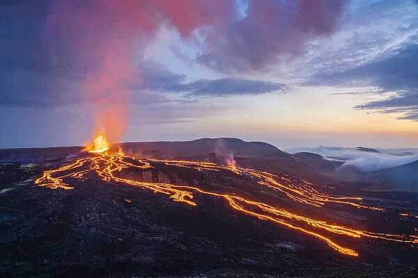 Fagradalsfjall volcano eruption at dawn, Geldingadalir, Reykjanes Peninsula, Iceland