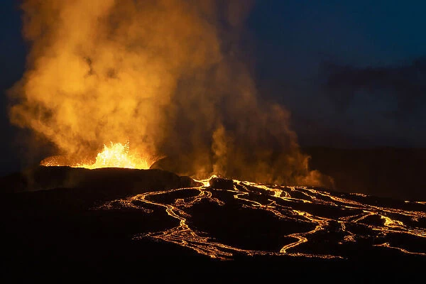 Fagradalsfjall volcano eruption at night, Geldingadalir, Reykjanes Peninsula, Iceland