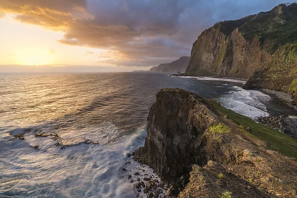 Faial beach and its cliffs at sunrise. Faial, Santana municipality, Madeira Island