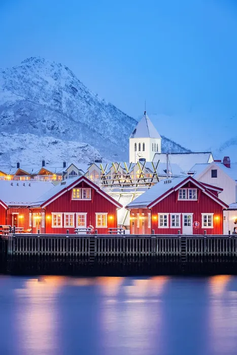 Framed Print : Fairy tale fishing village of Svolvaer covered with snow at winter dusk, Svolvaer, Lofoten Islands, Nordland, Norway