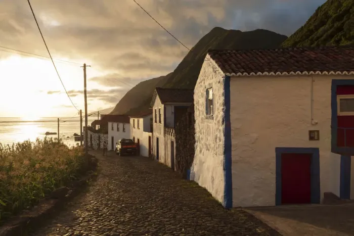 Framed Print : FajA£de SA£o JoA£os village in Sao Jorge Island. Azores