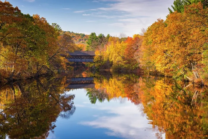 Framed Print : Fall foliage on Contoocook River with Henniker Covered Bridge, Henniker, New Hampshire, USA Framed Print : Fall foliage on Contoocook River with Henniker Covered Bridge, Henniker, New Hampshire, USA