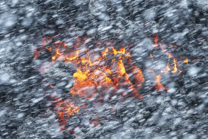 Framed Print : Falling snow and lava coming from the Fagradalsfjall eruption Framed Print : Falling snow and lava coming from the Fagradalsfjall eruption