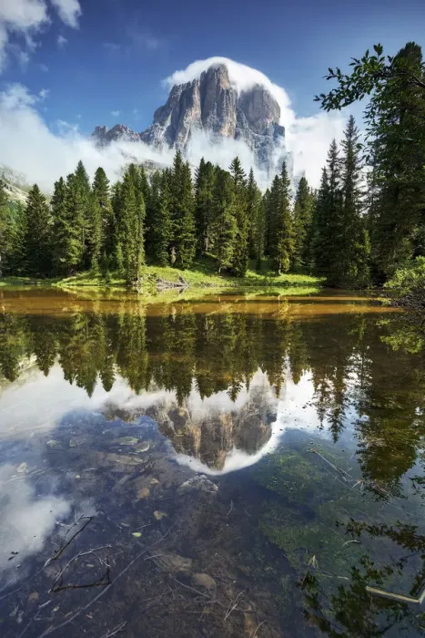 Framed Print : Falzarego Pass, Veneto, Italy. The lake Bai de Dones reflects with Tofana di Rozes Framed Print : Falzarego Pass, Veneto, Italy. The lake Bai de Dones reflects with Tofana di Rozes